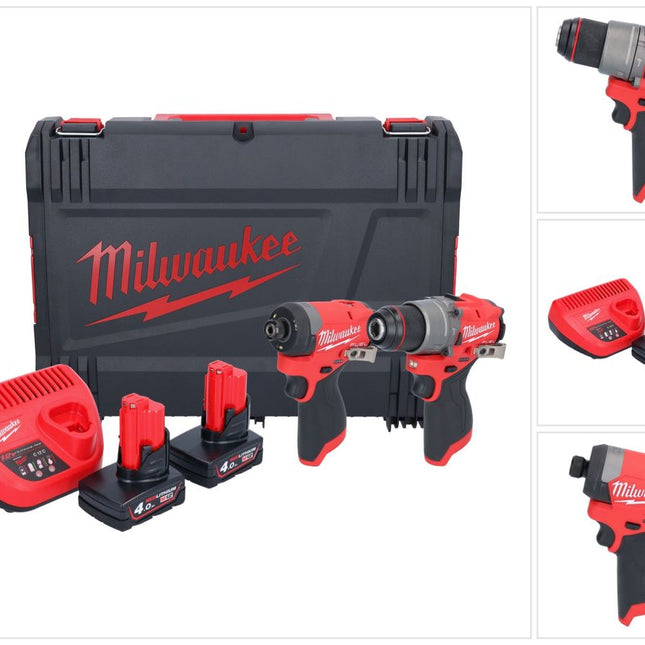 Milwaukee M12 FPP2A2-402X Combo Set ( 4933480587 ) M12 FPD2 akumulatorowa wiertarko-wkrętarka udarowa 45 Nm + M12 FID2 akumulatorowy klucz udarowy 170 Nm 1/4" bezszczotkowy + 2x akumulator 4,0 Ah + ładowarka + pudełko HD