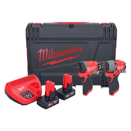 Milwaukee M12 FPP2A2-402X Combo Set ( 4933480587 ) M12 FPD2 akumulatorowa wiertarko-wkrętarka udarowa 45 Nm + M12 FID2 akumulatorowy klucz udarowy 170 Nm 1/4" bezszczotkowy + 2x akumulator 4,0 Ah + ładowarka + pudełko HD