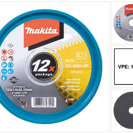 Makita E-17120-12 Tarcze tnące INOX 125 x 1,0 x 22,23 mm A60V-BF 12 sztuk w puszce