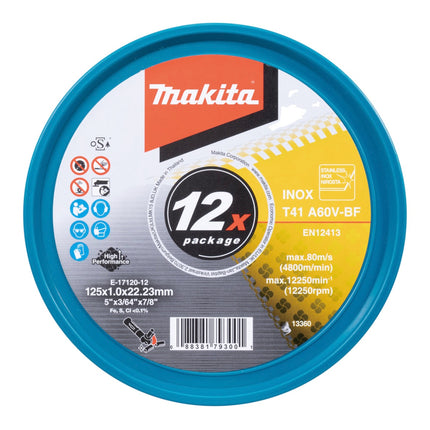 Makita E-17120-12 Tarcze tnące INOX 125 x 1,0 x 22,23 mm A60V-BF 12 sztuk w puszce