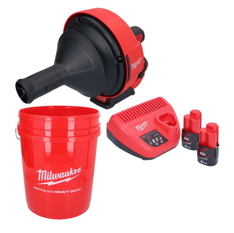 Milwaukee M12 BDC6-202C akumulatorowy udrażniacz do rur 12 V + 2x akumulator 2,0 Ah + ładowarka + spirala + wiadro