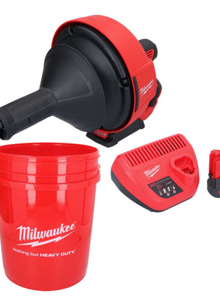 Appareil de nettoyage de tuyaux sur batterie Milwaukee M12 BDC6-251C 12 V + 1x batterie 2,5 Ah + chargeur + spirale + seau