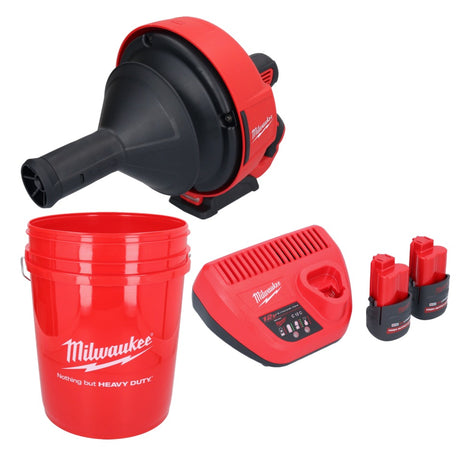 Milwaukee M12 BDC6-252C akumulatorowy udrażniacz do rur 12 V + 2x akumulator 2,5 Ah + ładowarka + spirala + wiadro