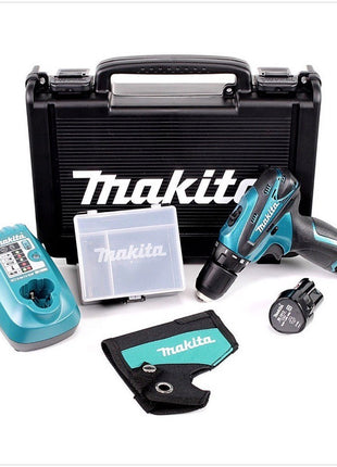 Makita DF 330 DSP1A 10,8 V Akku Bohrschrauber Set mit 2 x 1,3Ah Akku + Ladegerät + Koffer + Behälter für Zubehör + Holstertasche - Toolbrothers