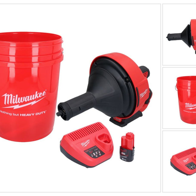 Milwaukee M12 BDC8-201C akumulatorowa wyciorarka do rur 12 V + 1x akumulator 2,0 Ah + ładowarka + spirala + wiadro
