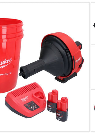 Appareil de nettoyage de tuyaux sur batterie Milwaukee M12 BDC8-202C 12 V + 2x batteries 2,0 Ah + chargeur + spirale + seau