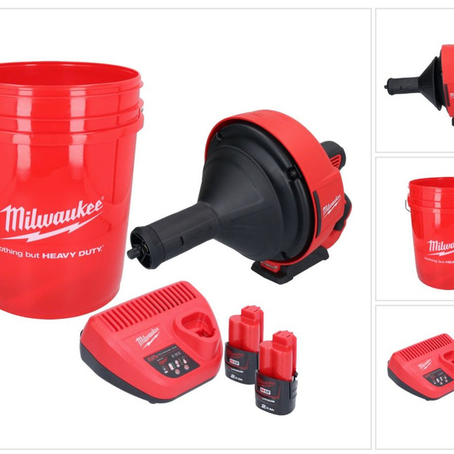 Milwaukee M12 BDC8-202C akumulatorowa wyciorarka do rur 12 V + 2x akumulator 2,0 Ah + ładowarka + spirala + wiadro