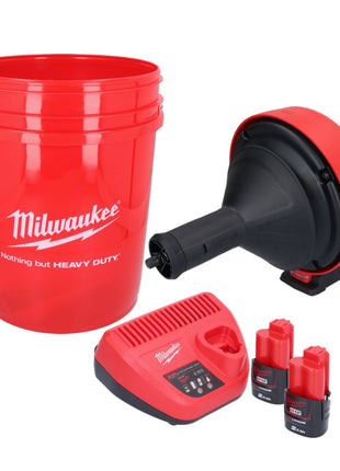 Appareil de nettoyage de tuyaux sur batterie Milwaukee M12 BDC8-202C 12 V + 2x batteries 2,0 Ah + chargeur + spirale + seau