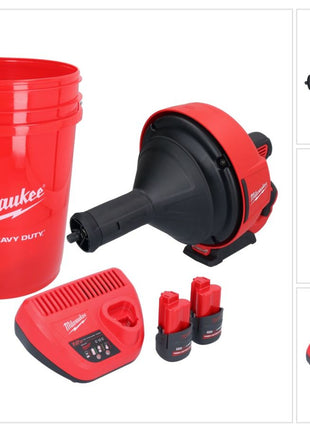 Appareil de nettoyage de tuyaux sur batterie Milwaukee M12 BDC8-252C 12 V + 2x batteries 2,5 Ah + chargeur + spirale + seau