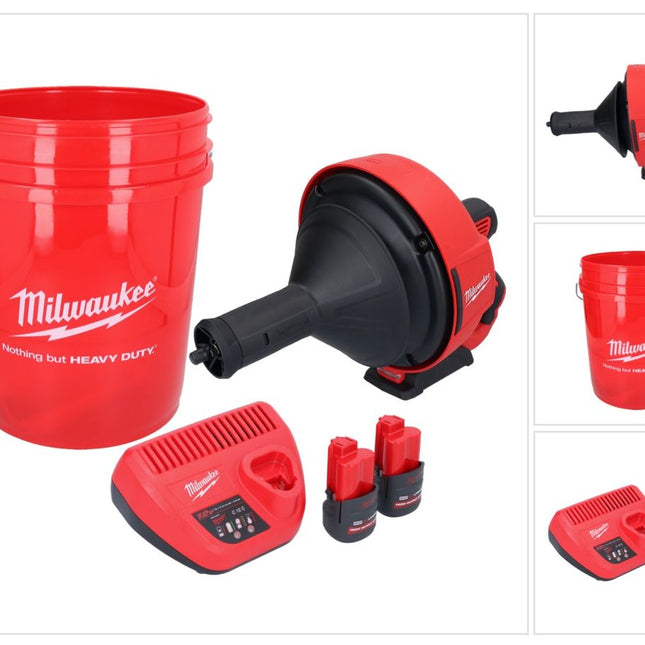 Milwaukee M12 BDC8-252C akumulatorowy udrażniacz do rur 12 V + 2x akumulator 2,5 Ah + ładowarka + spirala + wiadro