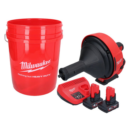 Milwaukee M12 BDC8-402C akumulatorowy udrażniacz rur 12 V + 2x akumulator 4,0 Ah + ładowarka + spirala + wiadro