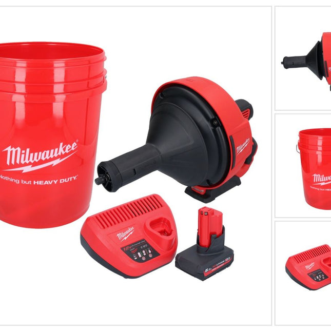 Milwaukee M12 BDC8-501C Akumulatorowa wyciorarka do rur 12 V + 1x akumulator 5,0 Ah + ładowarka + spirala + wiadro