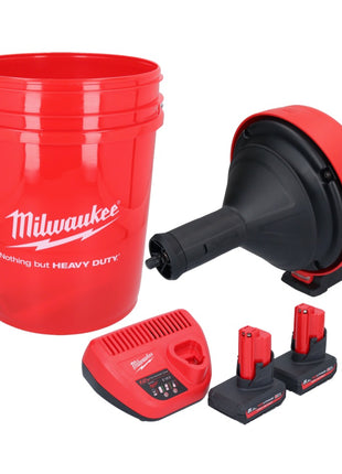 Appareil de nettoyage de tuyaux sur batterie Milwaukee M12 BDC8-502C 12 V + 2x batteries 5,0 Ah + chargeur + spirale + seau