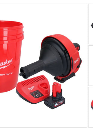 Appareil de nettoyage de tuyaux sur batterie Milwaukee M12 BDC8-601C 12 V + 1x batterie 6,0 Ah + chargeur + spirale + seau