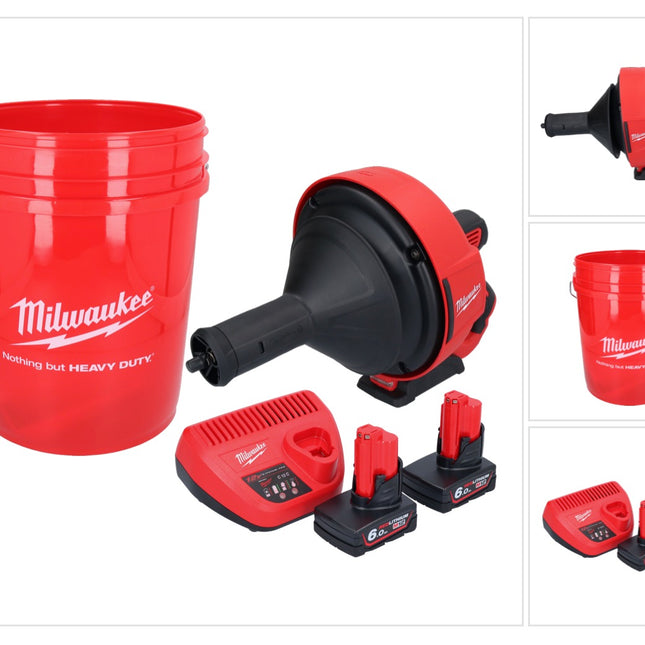 Milwaukee M12 BDC8-602C akumulatorowa wyciorarka do rur 12 V + 2x akumulator 6,0 Ah + ładowarka + spirala + wiadro