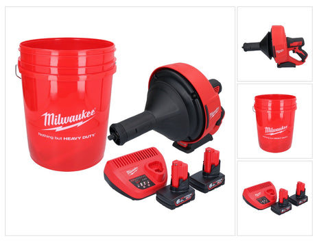 Milwaukee M12 BDC8-602C Akku Rohrreinigungsgerät 12 V + 2x Akku 6,0 Ah + Ladegerät + Spirale + Eimer