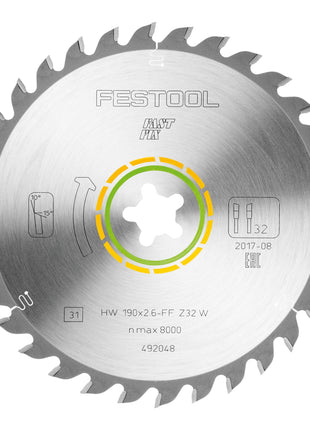 Festool HW 190x2,6 FF W32 Lame circulaire WOOD UNIVERSAL ( 492048 ) 190 x 2,6 mm 32 dents pour tous les bois, matériaux dérivés du bois, panneaux de particules, plaques de plâtre, plastique souple