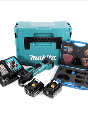 Makita DTM 51 RTJ 18V Li-Ion Akku Multifunktionswerkzeug im Makpac + 2x BL 1850 B 5,0 Ah Li-Ion Akku + DC 18 RC Akku Schnellladegerät + Wellcut MT-20 Sägeblätter Klingen - Toolbrothers