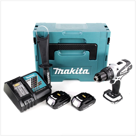 Makita DDF 458  RAJ W Akku Bohrschrauber 18 V 91 Nm weiß + 2x Akku 2,0 Ah + Ladegerät + Makpac - Toolbrothers