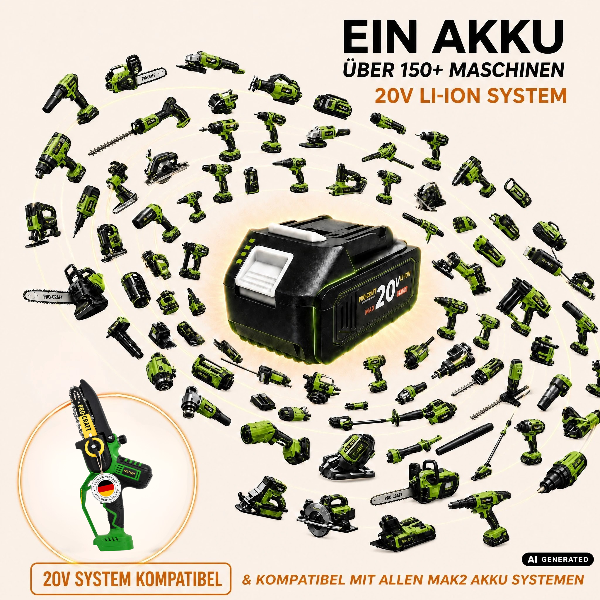 Akumulatorowa pilarka łańcuchowa Procraft PKA32Li 20 V 203 mm bezszczotkowa + 1x akumulator 4,0 Ah + ładowarka + walizka