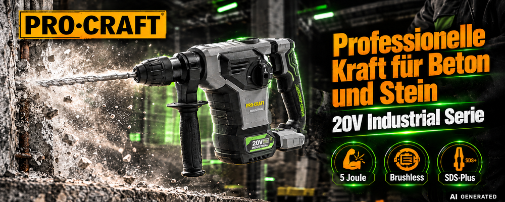 Młotek udarowo-wiertarski Procraft Industrial HD20B-BB-C 20 V 5 J SDS plus Brushless + walizka – bez akumulatora, bez ładowarki