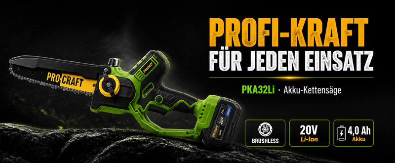 Akumulatorowa pilarka łańcuchowa Procraft PKA32Li 20 V 203 mm bezszczotkowa + 1x akumulator 4,0 Ah + ładowarka + walizka