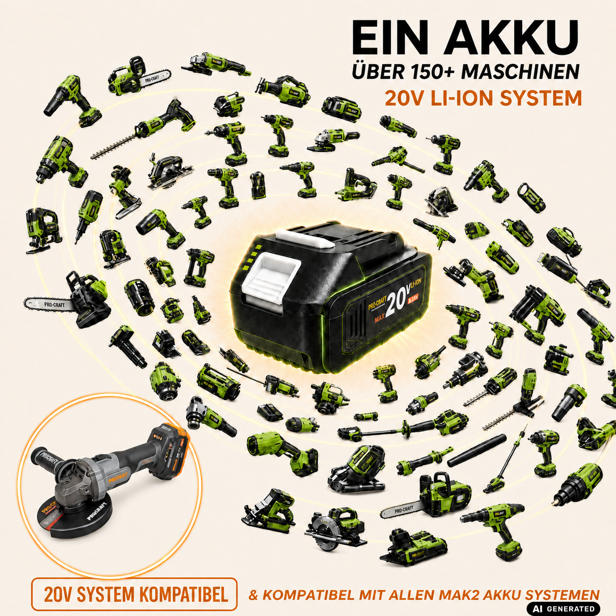Akumulatorowa szlifierka kątowa Procraft Industrial AG125Abb 20 V 125 mm bezszczotkowa + 1x akumulator 2,0 Ah + walizka narzędziowa RHINO - bez ładowarki