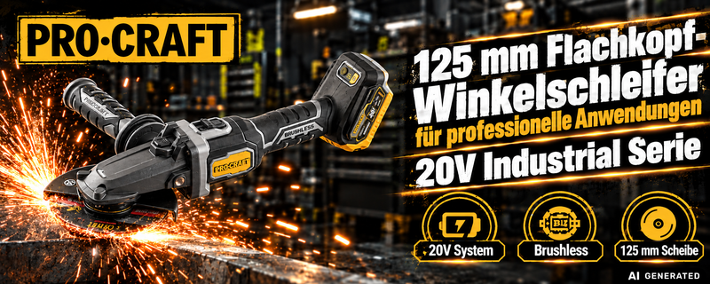 Procraft Industrial AG125Cbb akumulatorowa szlifierka kątowa z płaską głowicą 20 V 125 mm bezszczotkowa + 1x akumulator 4,0 Ah + ładowarka