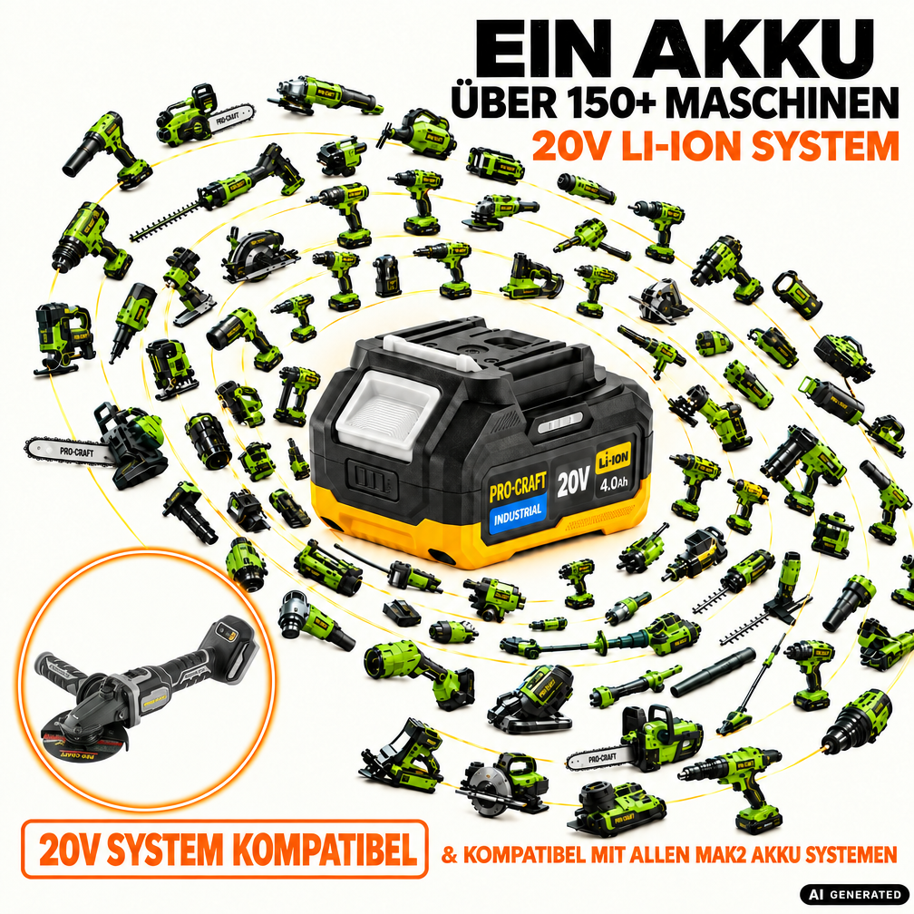 Procraft Industrial AG125Cbb akumulatorowa szlifierka kątowa z płaską głowicą 20 V 125 mm bezszczotkowa + 1x akumulator 4,0 Ah + ładowarka