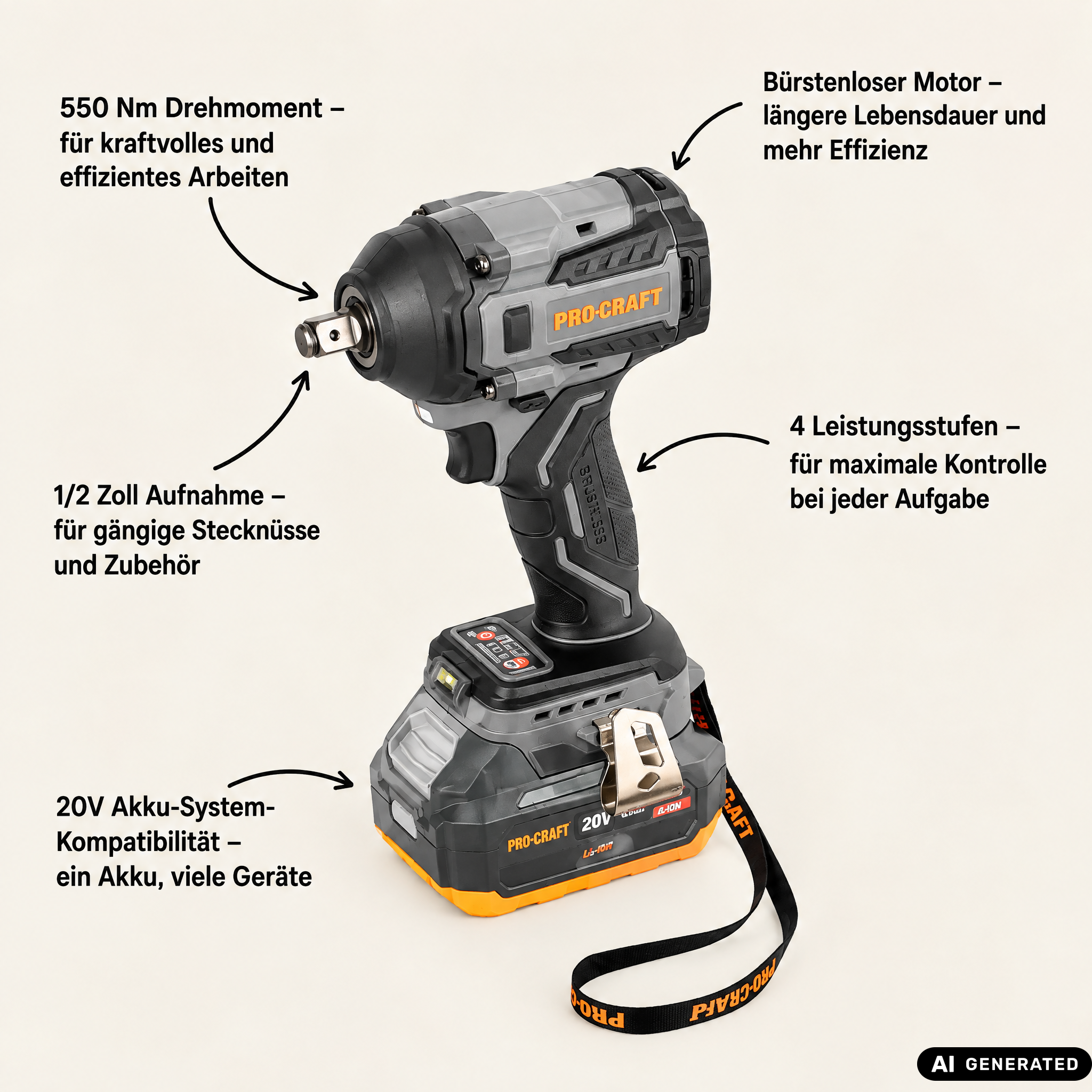 Procraft Industrial IW550Abb Akumulatorowy klucz udarowy 20 V 550 Nm 1/2" + 1x akumulator 4,0 Ah - bez ładowarki
