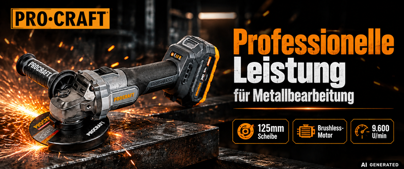Akumulatorowa szlifierka kątowa Procraft Industrial AG125Abb 20 V 125 mm bezszczotkowa + 1x akumulator 2,0 Ah + walizka narzędziowa RHINO - bez ładowarki