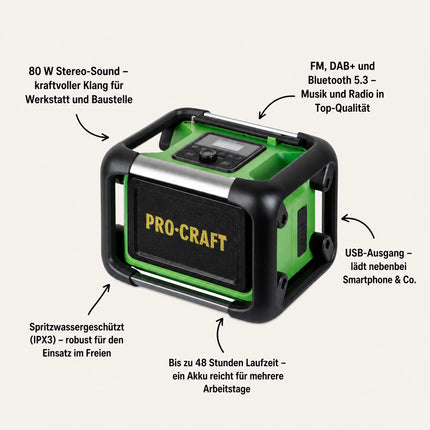Procraft PJS20bb – radio budowlane z akumulatorem 20 V, 80 W, FM, DAB+, Bluetooth, wersja solo – bez akumulatora, bez ładowarki