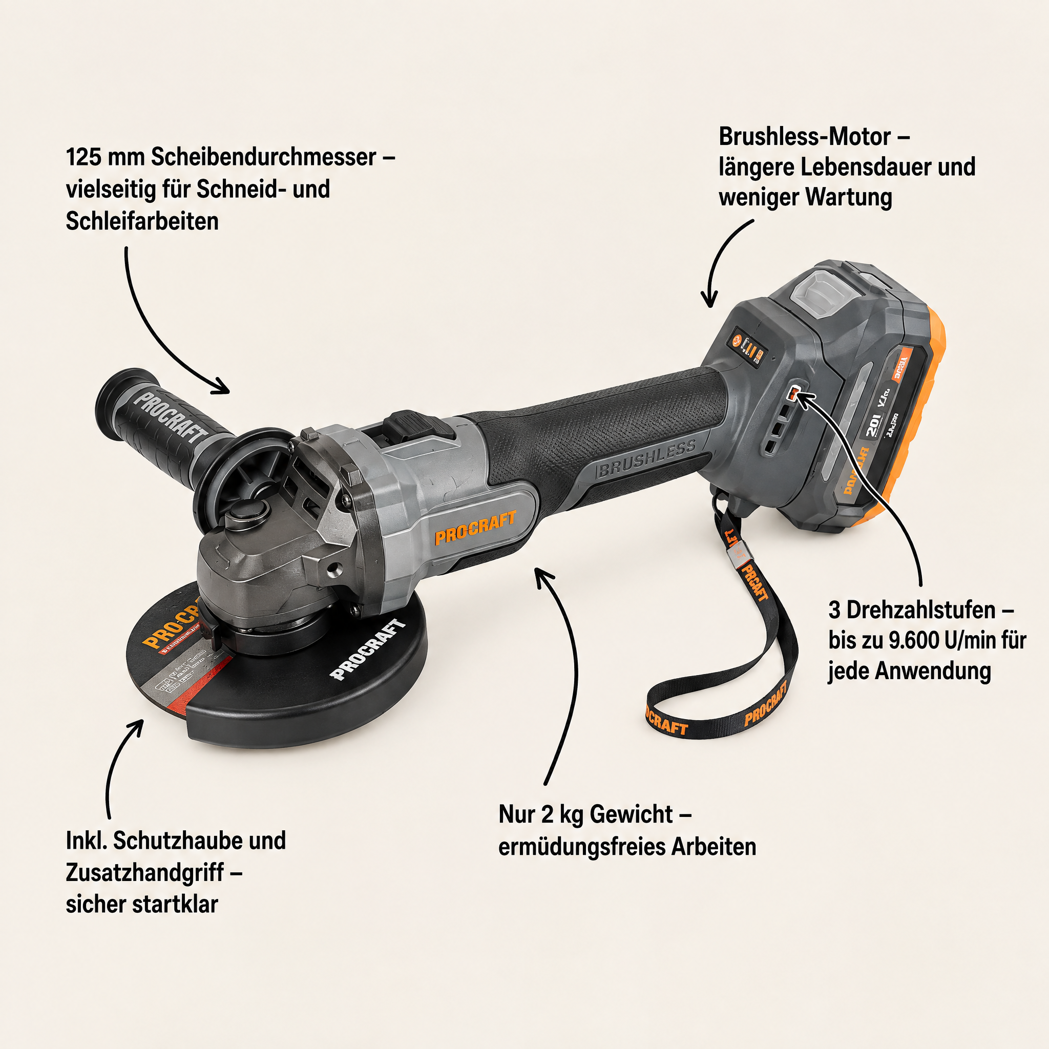 Procraft Industrial AG125Abb Akumulatorowa szlifierka kątowa 20 V 125 mm bezszczotkowa Solo - bez akumulatora, bez ładowarki