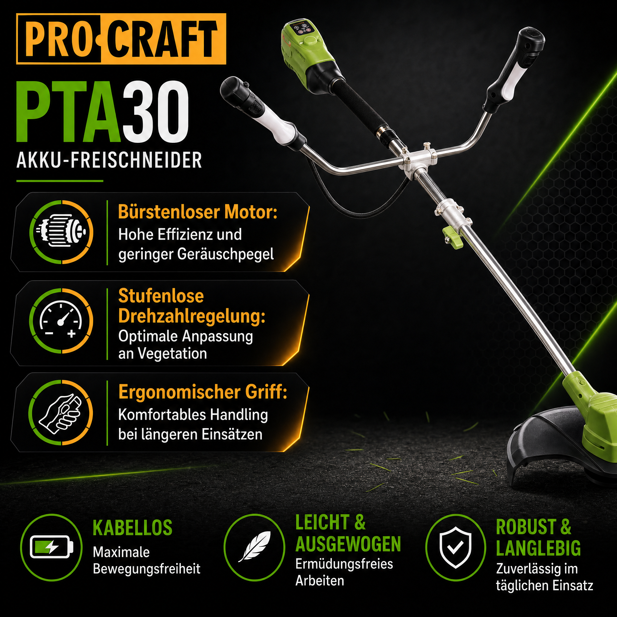 Procraft PTA30 akumulatorowa podkaszarka szczotkowa 20 V 300 mm bezszczotkowa Solo - bez akumulatora, bez ładowarki
