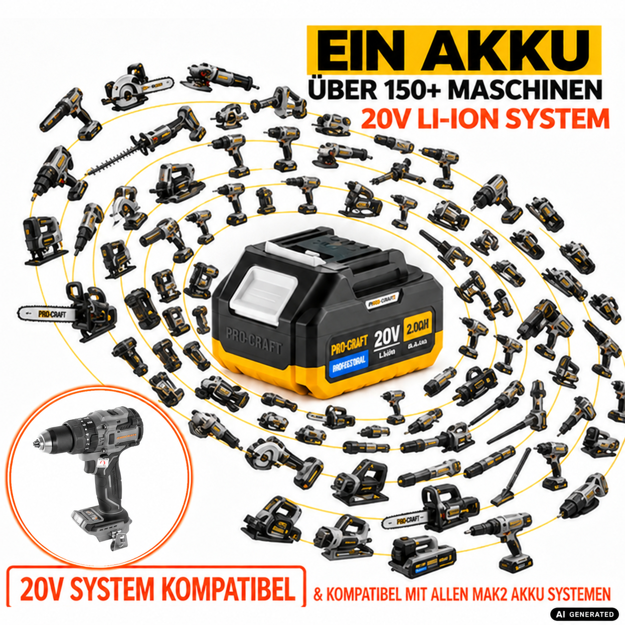 Wiertarko-wkrętarka akumulatorowa Procraft Industrial CD20B-BB 20 V 150 Nm bezszczotkowa + 1x akumulator 2,0 Ah + ładowarka + walizka narzędziowa RHINO