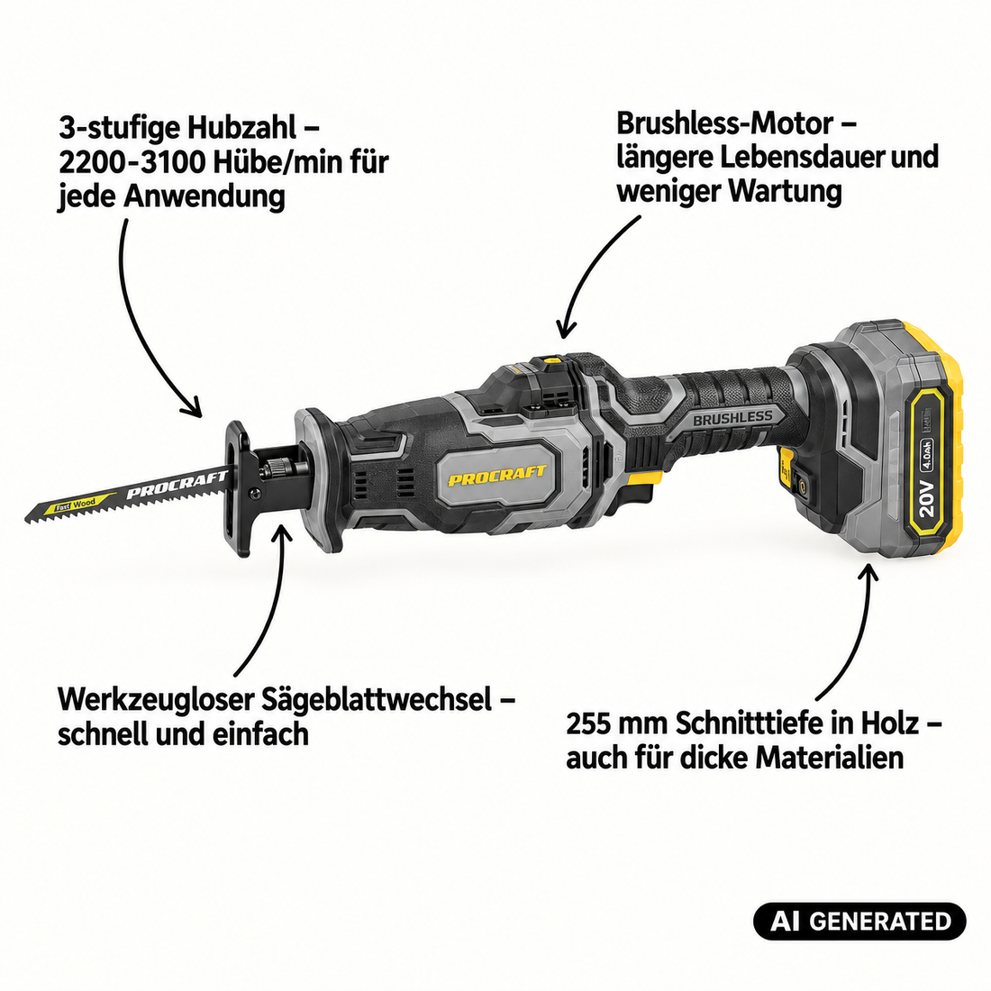 Pilarka szablasta Procraft Industrial RS20Abb 20 V Brushless Solo - bez akumulatora, bez ładowarki