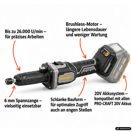 Procraft Industrial DG20A-BB akumulatorowa szlifierka prosta 20 V 6 mm bezszczotkowa + 1x akumulator 4,0 Ah + ładowarka