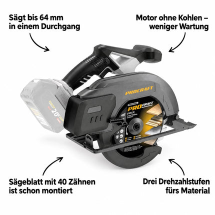 Procraft Industrial CS185A-BB Akumulatorowa ręczna piła tarczowa 20 V 185 mm Brushless Solo – bez akumulatora, bez ładowarki