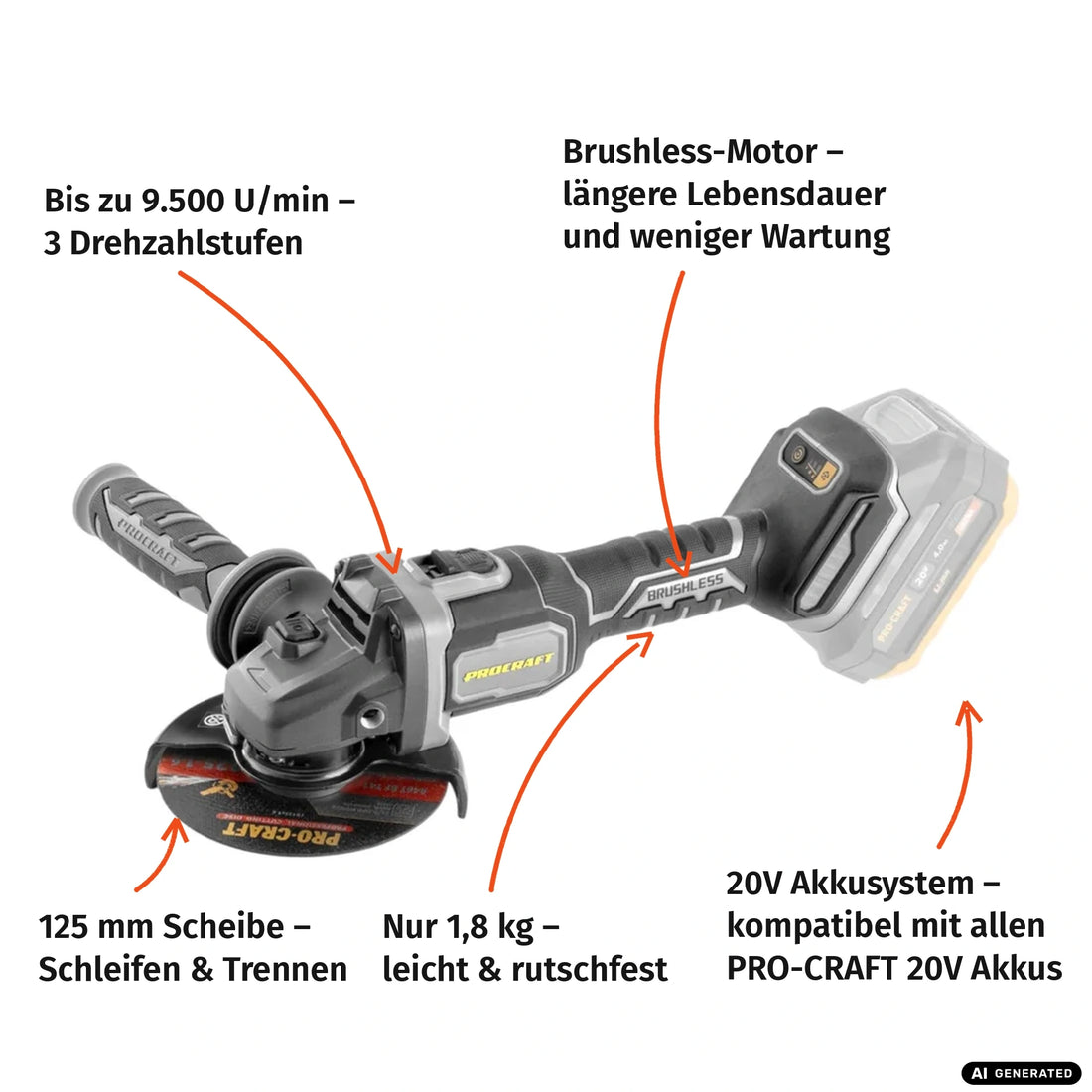 Procraft Industrial AG125Bbb akumulatorowa szlifierka kątowa 20 V 125 mm bezszczotkowa + 1x akumulator 4,0 Ah + walizka narzędziowa RHINO - bez ładowarki